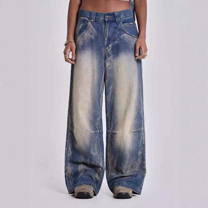 Y2K Streetwear Wide Leg Denim Pants Women Retro Wing Print Loose Fit Mid-Rise Straight Cut 2025