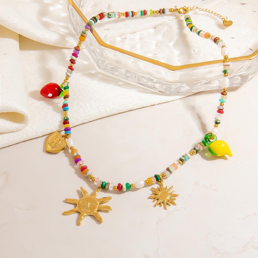 European & American Natural Stone Beaded Necklace, Bohemian Retro Style with Beach Elements, 18K Gold Plated for a Summery Touch.