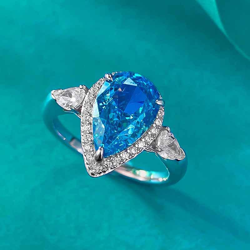 Xiancan Jewelry European & American Cross-border S925 Silver Ring: 7x11 Pear-shaped Aquamarine & High Carbon Diamond, Women's White Gold Band