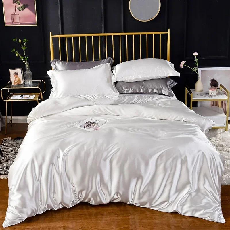 Hochwertiges Fleckenschutz-Bettwäsche-Set Doppelbett Imitation Seide Luxus-Bettwäsche-Set Queen Bequeme Seidige Deckenhülle Bettdeckenbezug-Set