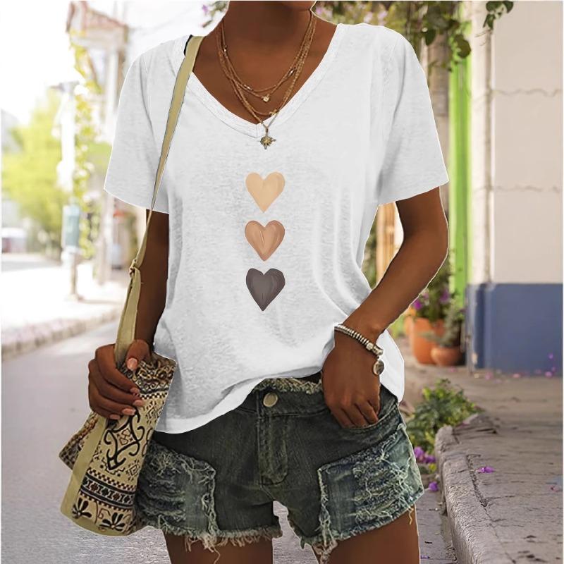 V-neck Short Sleeved T-Shirts Simple Heart Printed Shirt for Women In Summer Loose Slimming Versatile Top