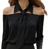 New Elegant Off-Shoulder Long Sleeve Women Tie Shirts Fashion Spring and Autumn Sexy Blouse Woman Lapel Casual Sweet Solid Color Top