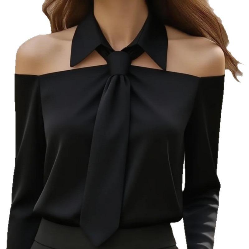 New Elegant Off-Shoulder Long Sleeve Women Tie Shirts Fashion Spring and Autumn Sexy Blouse Woman Lapel Casual Sweet Solid Color Top