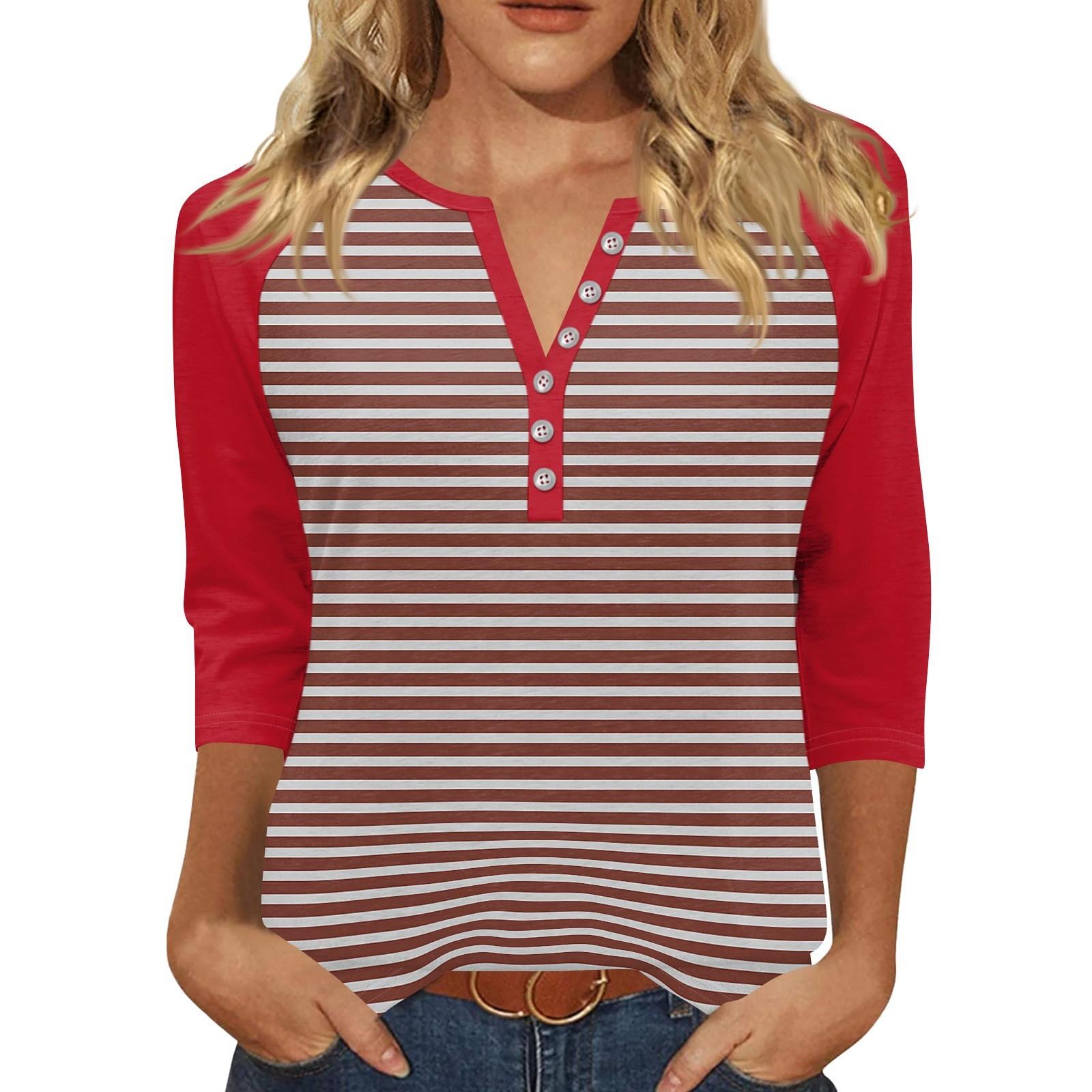 

Жіноча футболка з принтом на ґудзиках з рукавами 3/4, щоденна мода на вихідні, звичайний топ із V-подібним вирізом L червоний