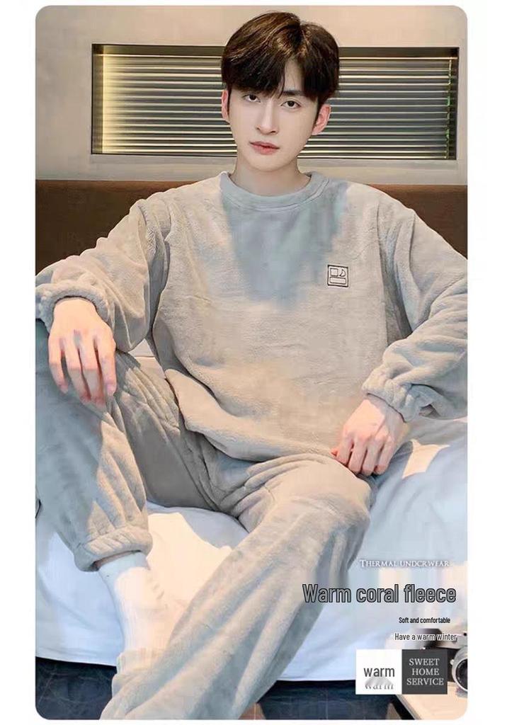 Men's Plus-Size Warm Fleece Pajama Set - Autumn/Winter Style