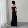 Off The Shoulder Maxi Dress for Women Ruched Fishtail Sexy Bodycon Long Dress with Metal Accent Wedding Guest Party Evening Gown