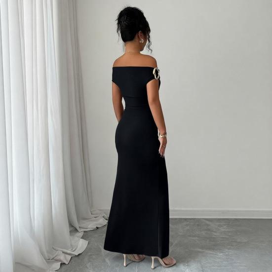 Off The Shoulder Maxi Dress for Women Ruched Fishtail Sexy Bodycon Long Dress with Metal Accent Wedding Guest Party Evening Gown