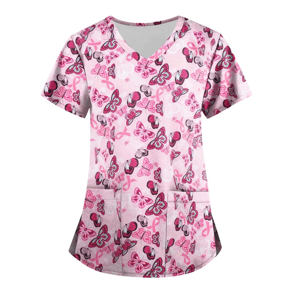 Women's Fashion V-neck Short Sleeve Workwear With Pockets Printed Tops