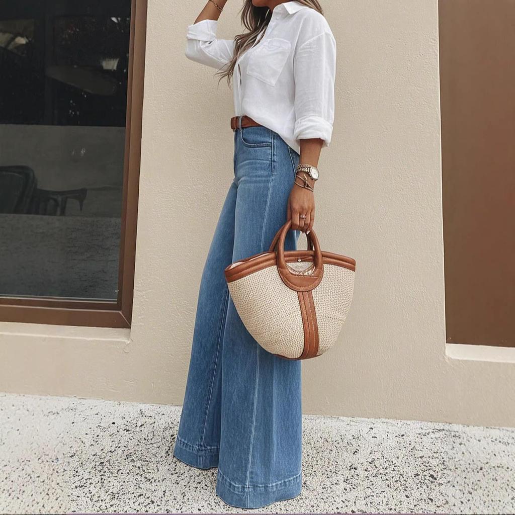 Frühling und Sommer Neuer Stil Vintage gewaschen Weitbein Locker Skinny und Hochsitzende Denim-Hose für Damen