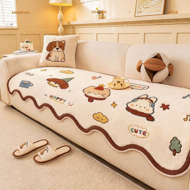 One-Piece Model Cute Cartoon Style Plush Sofa Cover  New Fixed Anti Slip Anti Cat Scratch Straight Row Sofa Cover Cushion