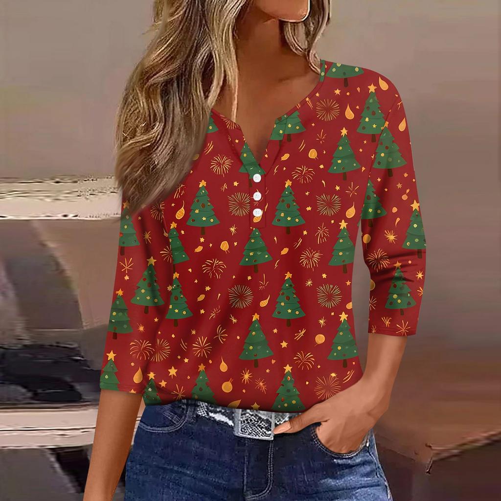 Women's T Shirt Christmas Print Button 3/4 Sleeve Daily Weekend Fashion Basic V- Neck Regular Top