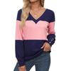 Women's Loose V-Neck Long Sleeve Colorblock T-Shirt Button Long Sleeve