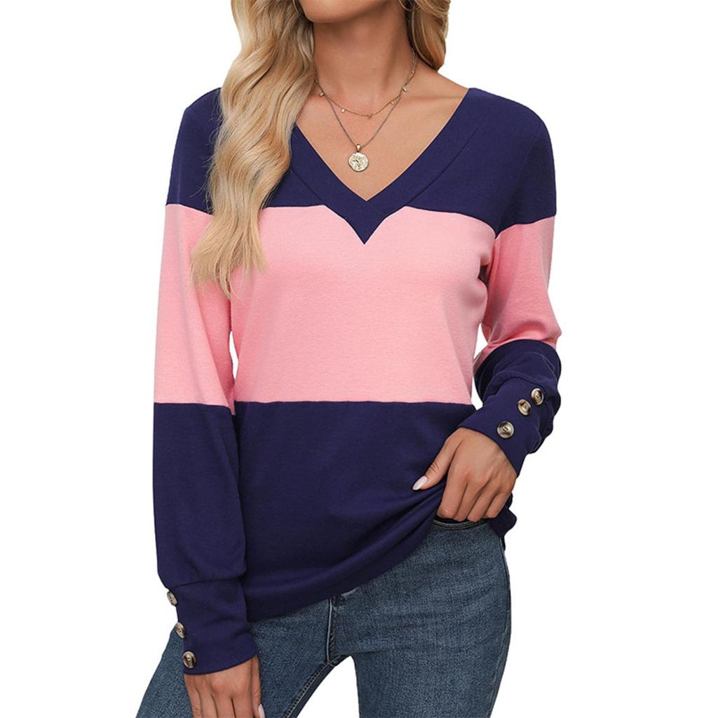 Women's Loose V-Neck Long Sleeve Colorblock T-Shirt Button Long Sleeve