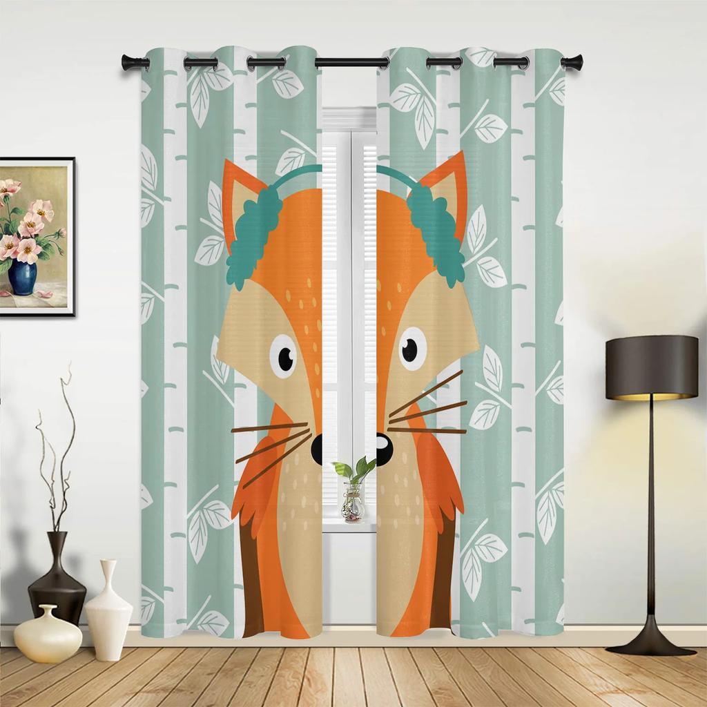 Animal Bird Fox Forest Winter Birch Tree Window Curtains Home Decor Living Room Curtains Kid's Room Cortinas For Kitchen Bedroom