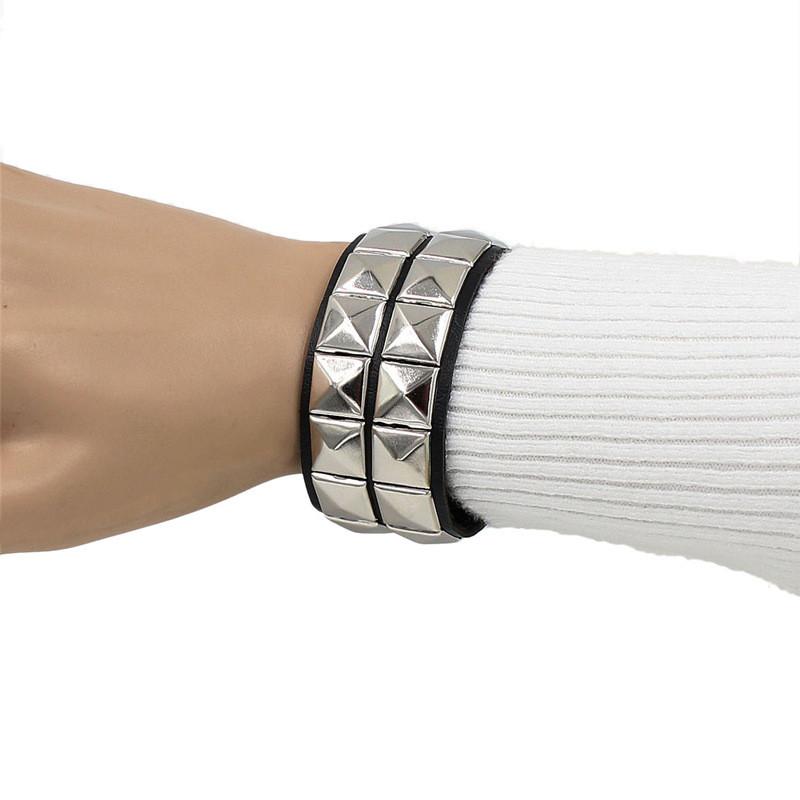 90s Black New Gothic Punk PU Leather Bracelet 3 Row Cuspidal Spikes Rivet Chains Bracelet Bangle For Women Men' Friends Jewelry