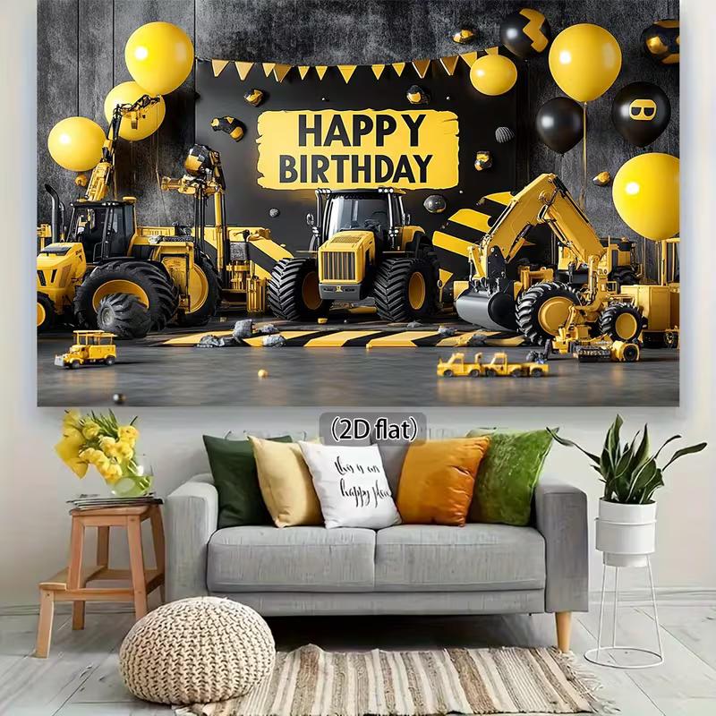 Fondo de Cumpleaños de Construcción Amarillo Negro 2D para Fotografía de Fiesta Infantil