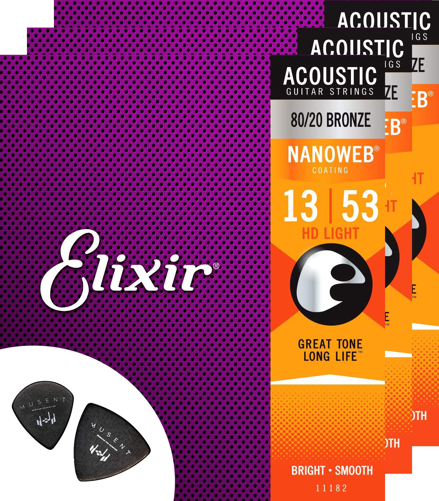 

Бронзовые струны для акустической гитары Elixir 8020, HD Lite 013-053 с нанопокрытием Nanoweb, пробный набор из 3 комплектов с двумя медиаторами Musent (Номер продукта: 11182-3P)