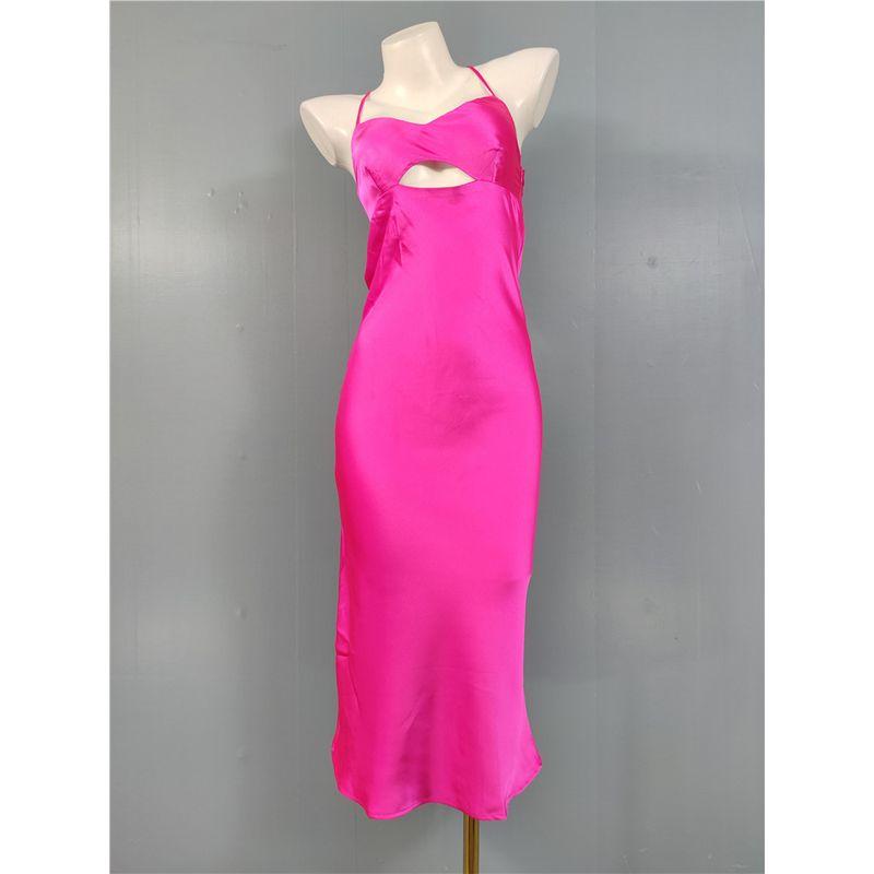 

Export Single 2024 Summer New Sexy Silm High Quality Smooth Satin Low-Cut Design Ins Dress Rose Red Solid Color M