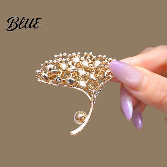 Women Brooch High-Gloss Rhinestone Inlay Faux Pearl Decor Ginkgo Leaf