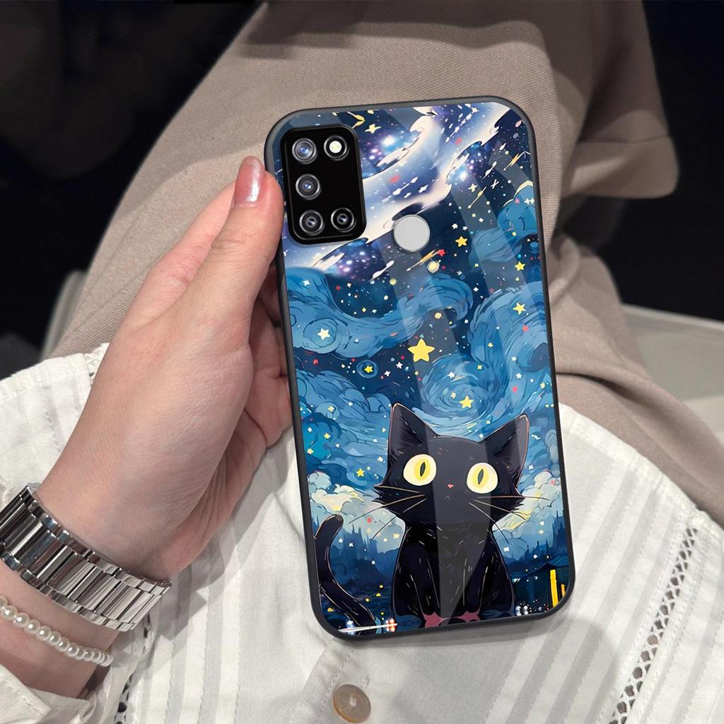 Case for realme C17 7i Anime Black Cat Starry Cloud Print Phone Cover Acrylic Hard Back Shell With Flexible TPU Edge
