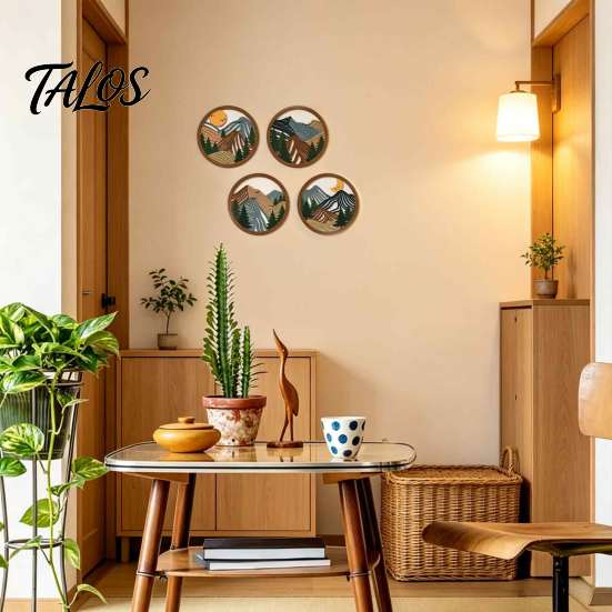 Wooden Forest Wall Art 4Pcs Boho Mountain Art, 2D Flat Abstract Landscape Decor, Geometric Hanging Sign, Natural Artwork, Sun Moon Pine Tree Decor for