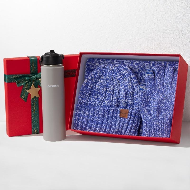 Christmas Hat, Scarf, Gloves, Water Cup Four-piece Set, Winter Velvet Warm Knitted Hat, New Year's Gift Box.