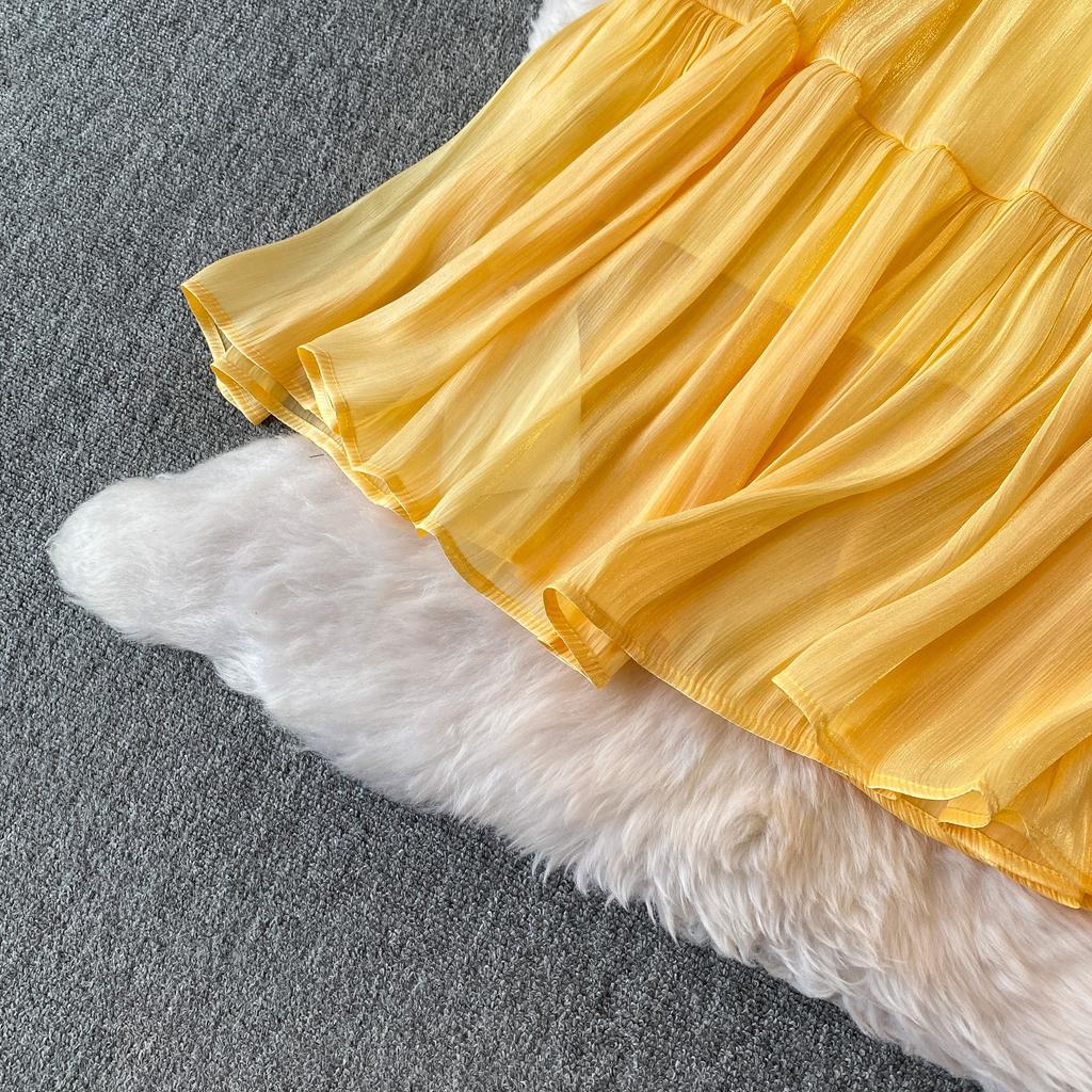 Sommer Herbst Neu Einfarbig Rüschen Patchwork Chiffon Fließender Rock für Damen Hoher Bund Vielseitiger Midi Rock für Damen