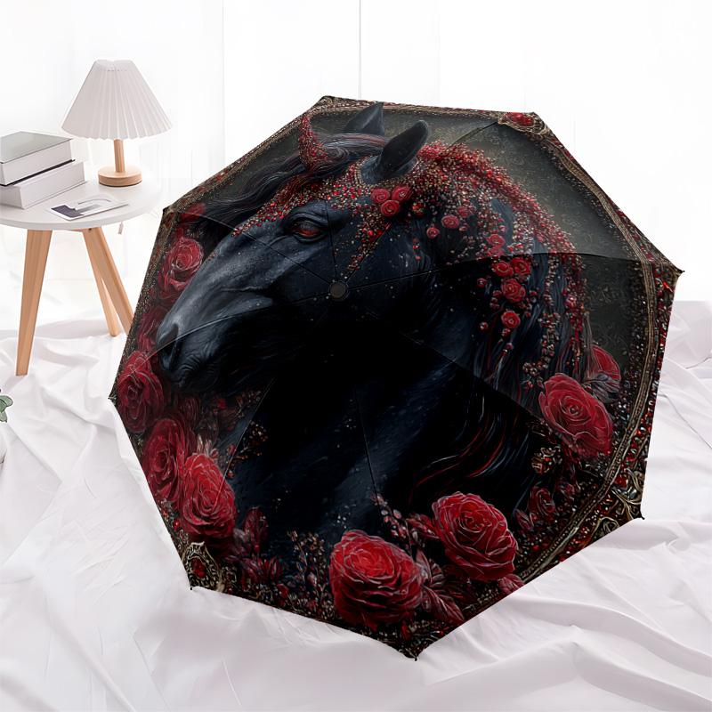 1 PC Automatic Folding Umbrella - Black Horse Pattern, Portable & Foldable Design with 8 Ribs, Christmas Birthday Gifts