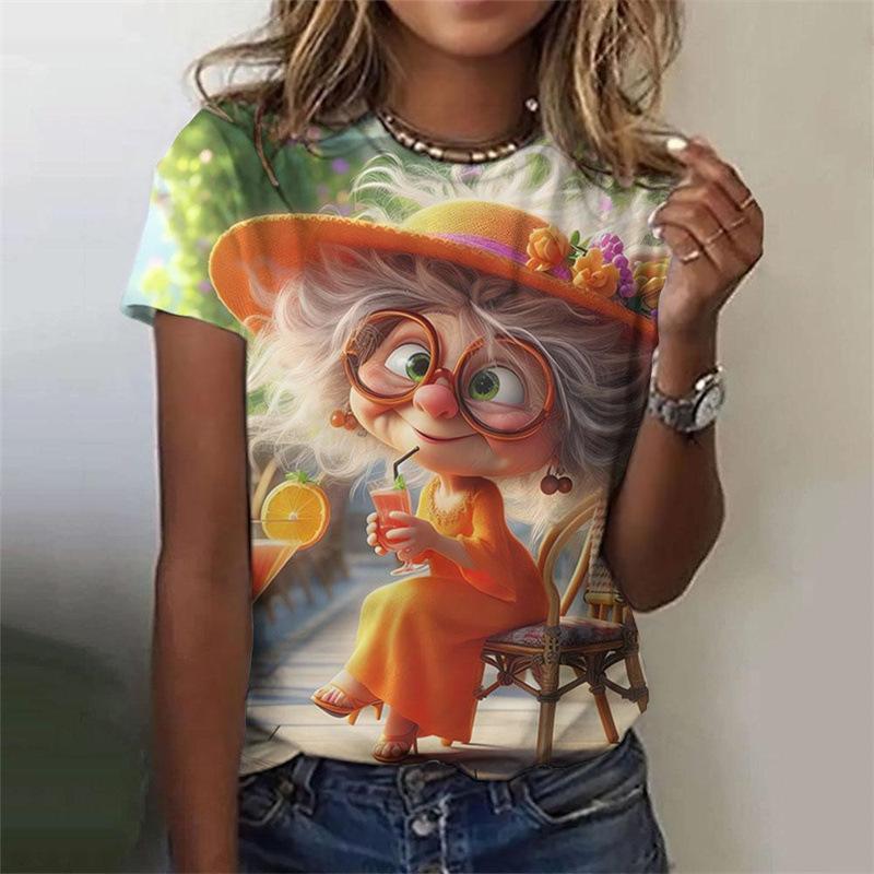 Summer Round Neck 3D Cartoon Grandma Image Pattern Printed Top Fashionable Casual Short Sleeved Women's T-shirts