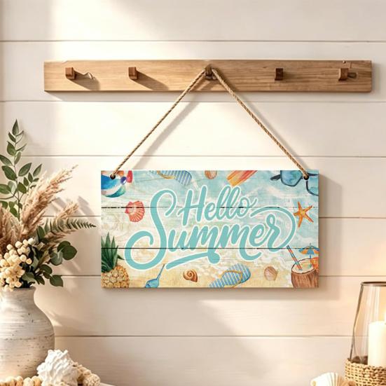 Summer Themed Gifts Wooden Hanging Sign, Beach Theme Welcome Sign Front Door Decor with Coastal Home Decorations Rope, Colorful Hanger for Seasonal
