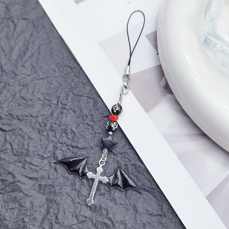 Halloween Gothic Punk Bat Phone Charm for Women Men Cross Pendant Mobile Phone Chain Y2K Bowknot Heart Lanyard Keychain