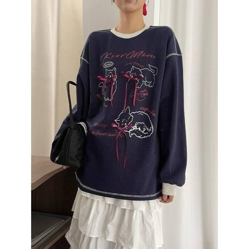 Cat Printed Bow Decoration Woman Hoodie Round Neck Women's Long Sleeved Pullover Tees Autumn Casual Loose Female Fashion Top