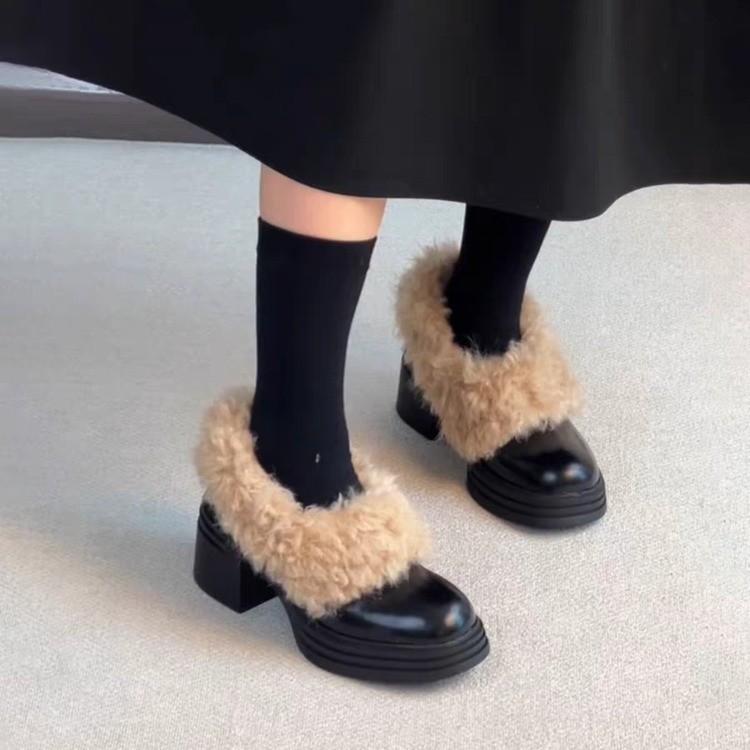 Coarse heel winter warm waterproof cotton shoes women's retro versatile fluffy shoes piled thick one pedal high heel square head single shoes