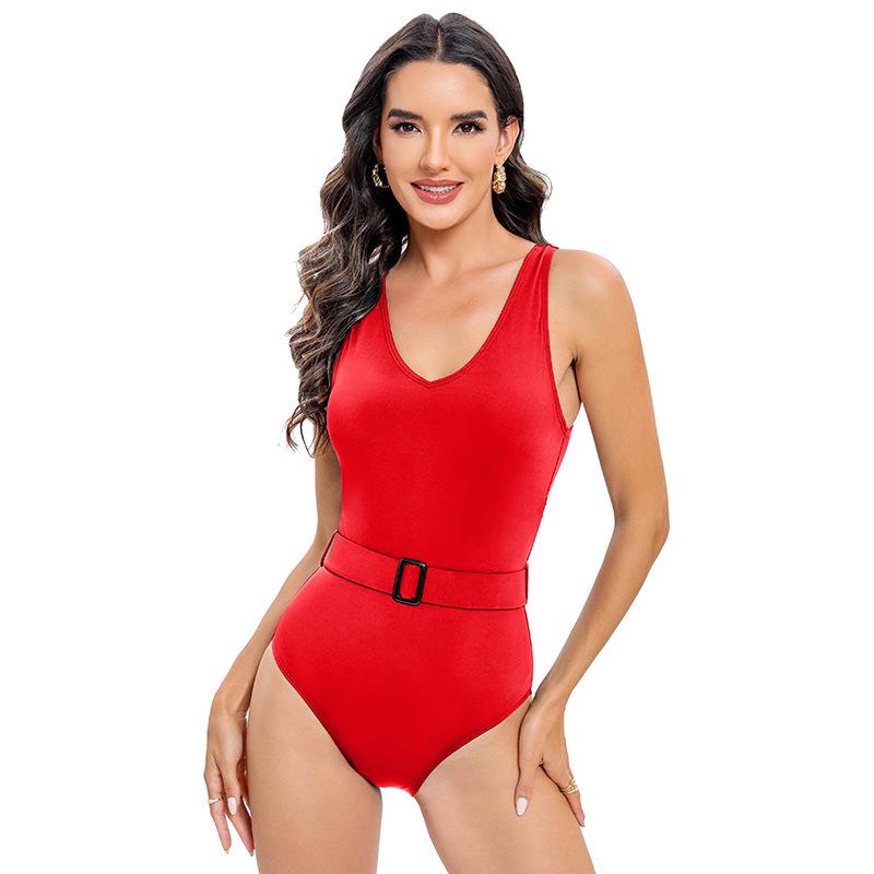 Women's Sexy Solid Color Belted Deep V Tummy Control One-Piece Swimsuit