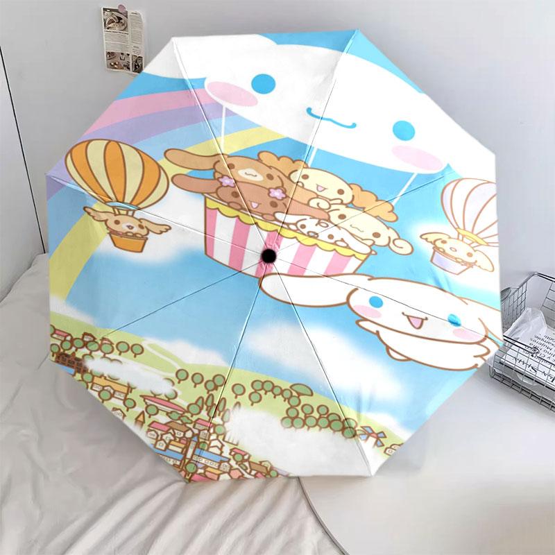 Portable travel umbrella with cute Sanrio character designs, UV-protective folding umbrella.