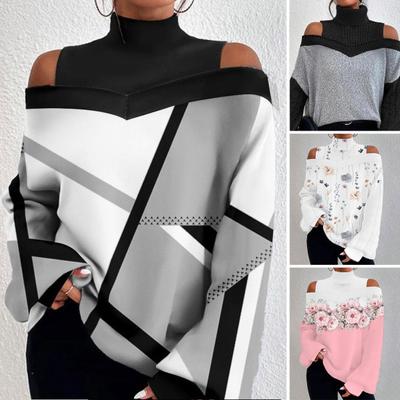 Frauen Pullover Bluse Off Schulter Ärmel Lose Druck Lange Rollkragen Shirt Top