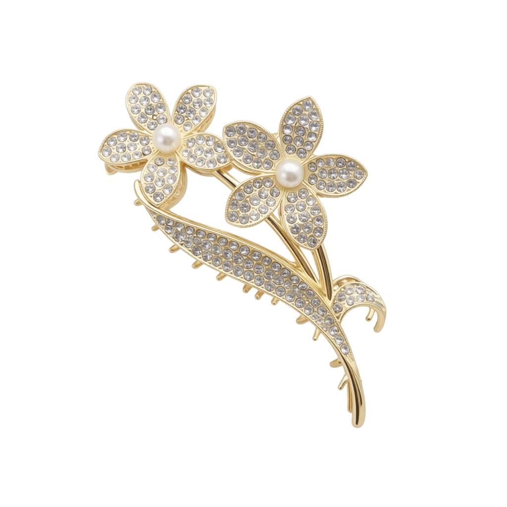 Large Metal Hair Claw Clip with Floral Design Pearl and Rhinestone Accents Tassel Hairpin for Updo Styling and Secure Hold