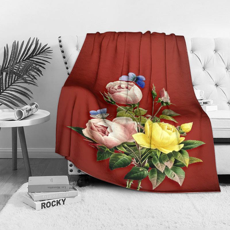 Soft Fleece Blanket Floral Rose Butterfly Print Bed Throw for Women Girls Sofa Decoration Gift