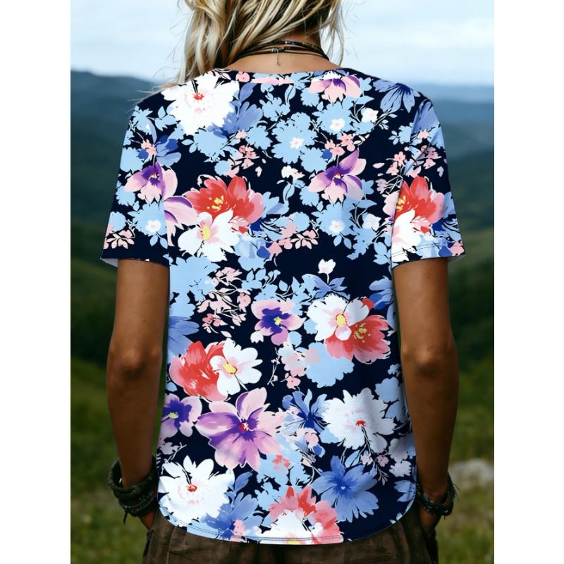 Large size women's 2026 new 3D printed V-neck short sleeved T-shirt, comfortable, loose and versatile casual top