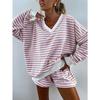 VEZFAA Women's Fashion Casual Spring Fall Stripe Print Long Sleeve V-Neck Trousers Pants Suits