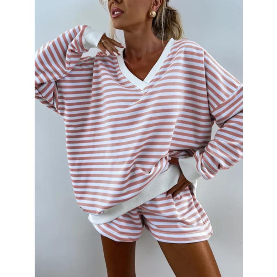 VEZFAA Women's Fashion Casual Spring Fall Stripe Print Long Sleeve V-Neck Trousers Pants Suits