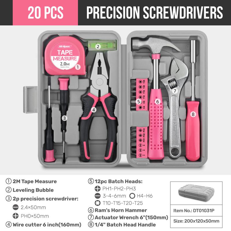 

Hi-Spec 18/19/20PCs Pink DIY Tool Kit with Electric Pen & CR-V Steel - Home Maintenance Hand Tools Set for Women & Car Care 20PCS