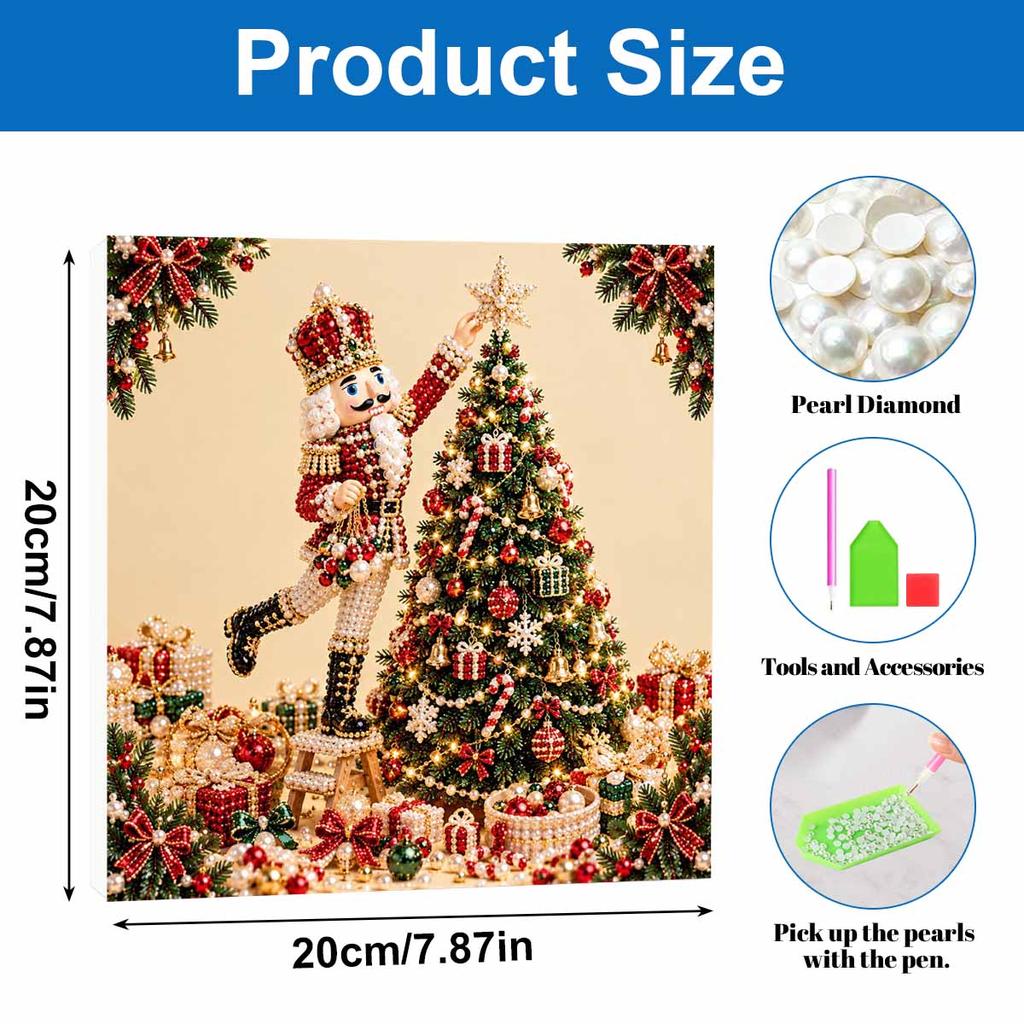 5D Pearl Painting Kit Framed with Nutcracker Decorating Christmas Tree Sparkling Bead Art Canvas DIY Relaxing Craft for Wall Decor Gift