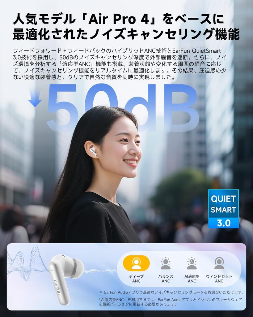 2025 SUMMER Gold Award EarFun Air Pro 4i Wireless Bluetooth 50dB Hybrid LDAC 3D 11mm Titanium Composite Diaphragm 40 Hours of AI Wireless IP55