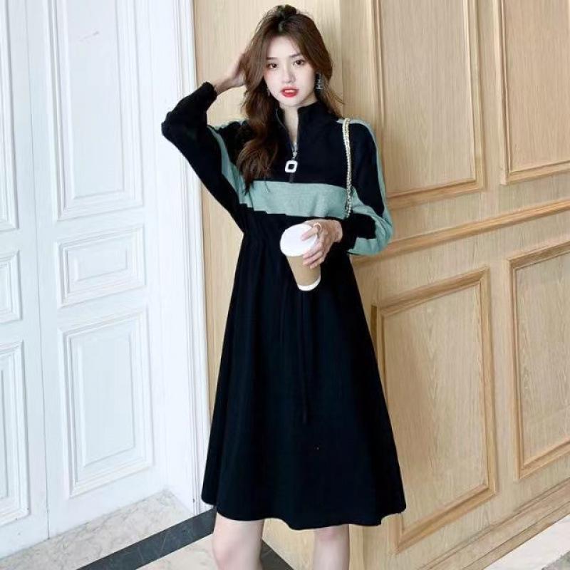 

Autumn & Winter Color-Block Zipper Dress with Waist-Cinching Skirt and Loose Fit XL ціан