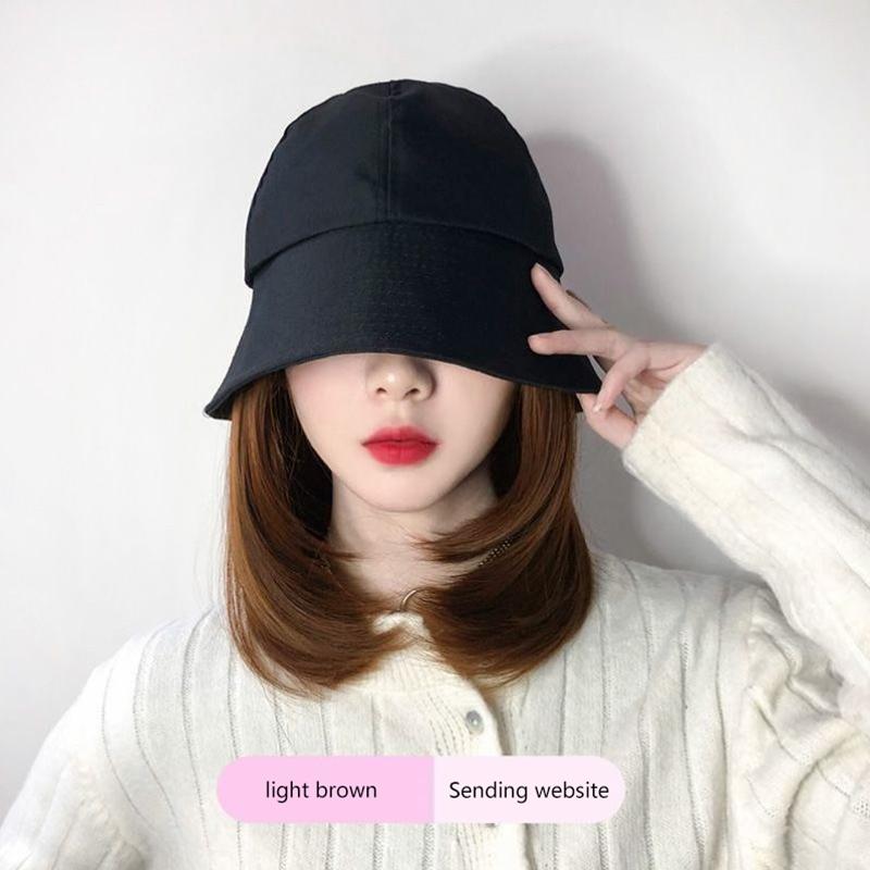 Bucket Hat Synthetic With Hair Cap  Short Straight Bob Fall Autumn Hat Wigs For Women Clip On Hair Extensions