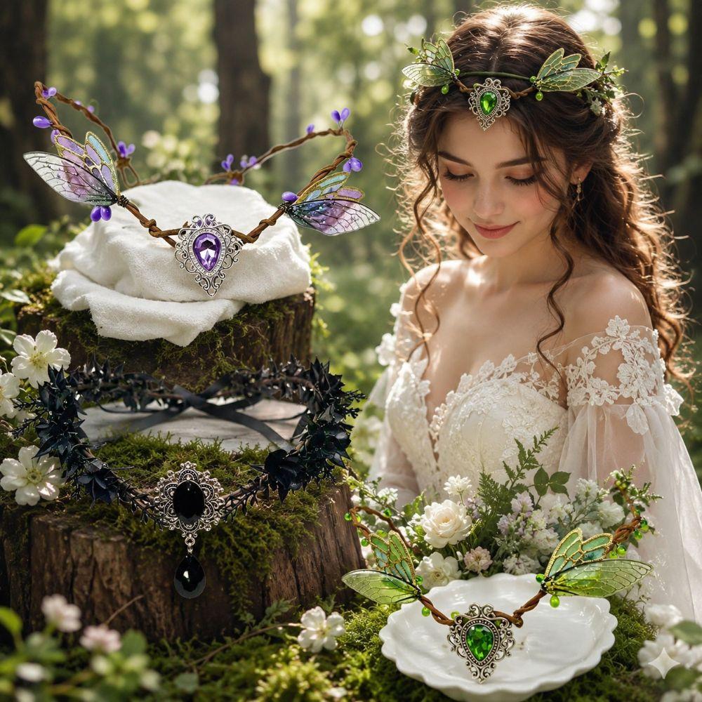 Rhinestone Decorated Fairy Flower Leaf Headbands Elven Princess Tiara Photoshoot Costume