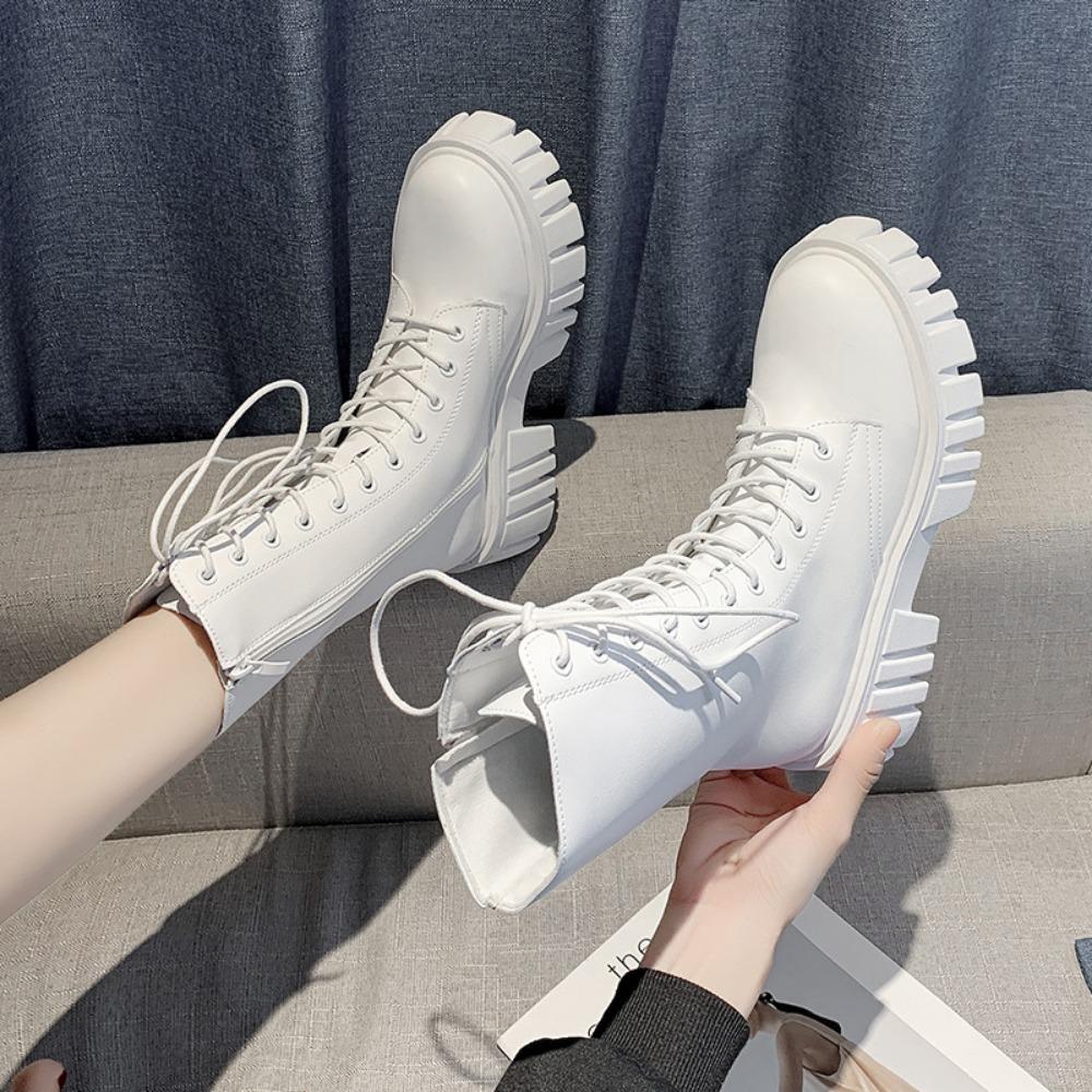 Women's Boots Fashion Mid Calf Boot PU Leather Casual Boots Non-Slip Platform Boots for Women Lace Up Ankle Boot
