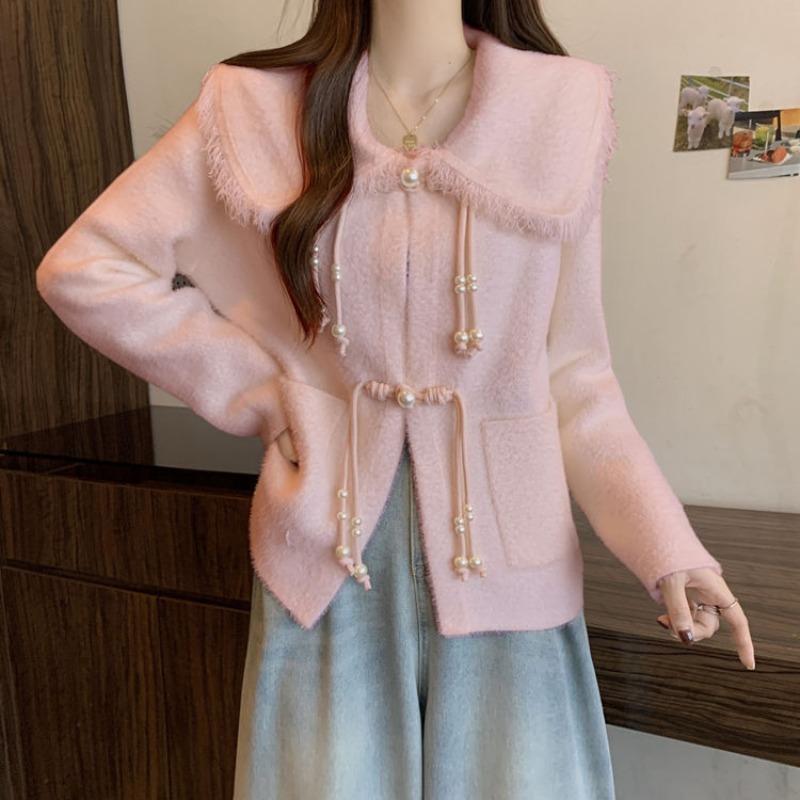 

Autumn and winter new knitted cardigan top women s sweet doll collar imitation mink fleece sweater jacket one size fits all розовый