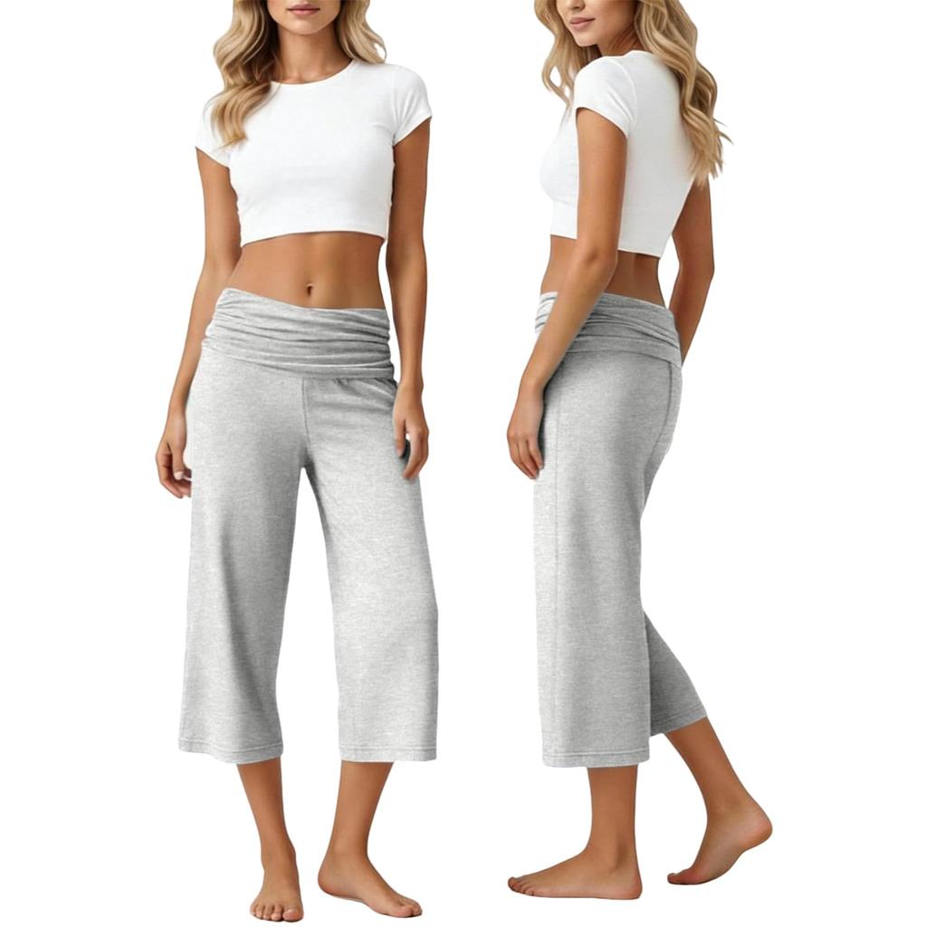 Womens Fold Over Cropped Pants Flared Bottom Fold Over Sweatpants Low Yoga Strechy Casual Wide Leg Sweatpant